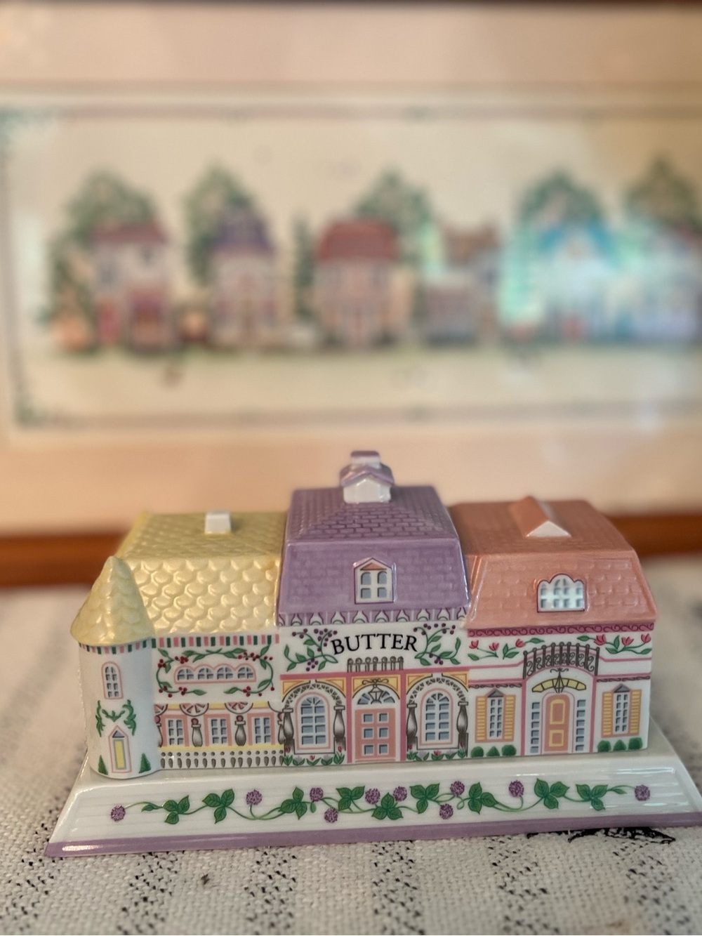 LENOX Village Cottage Butter Dish in Yellow, Lavender & Pink, Vintage 1990s